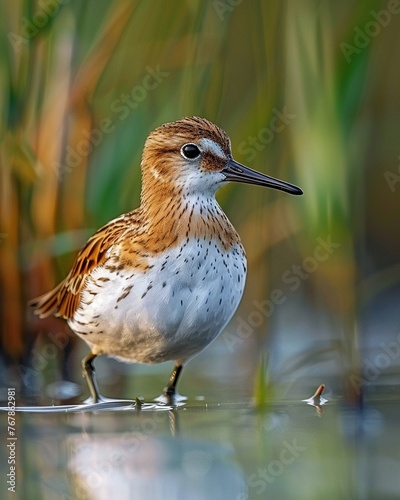 A close view of the Spoonbilled Sandpiper standing in shallow water its delicate plumage detailed against a backdrop of reeds and marshland embodying the tranquility of its natural habitat photo