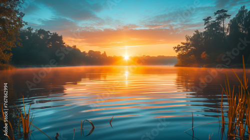 a beautiful sunrise landscape over a calm lake, an association with morning peace and the innocence of nature photo