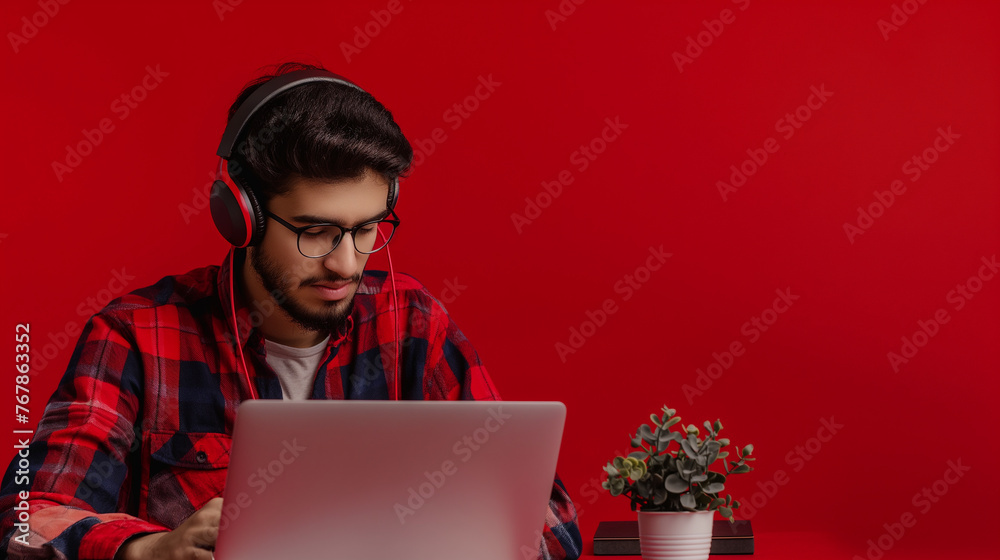 Intelligent male student writing essay for university while listening classic music for favourite playlist using bluetooth earphones and laptop on red color background professional photography Intelligent male student writing essay for university while listening classic music for favourite playlist using bluetooth earphones and laptop on red color background professional photography