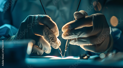 Surgeon performing operation in operating theater toned in blue tones.
