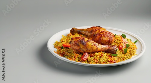 "A Photorealistic Image of Chinese Chicken Biryani on White Plate"

