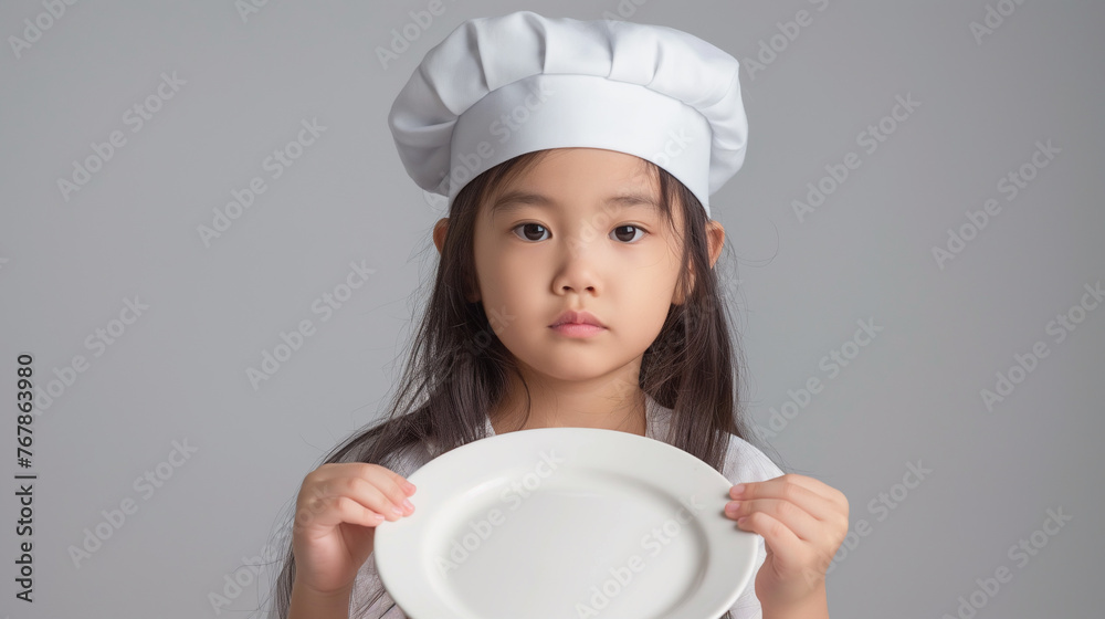 Little asian girl chef showing the empty white plate, Isolated on white color background professional photography. Little asian girl chef showing the empty white plate, Isolated on white color background professional photography.