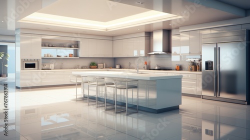 Spacious minimalist kitchen with white decor and furniture for a clean and modern look