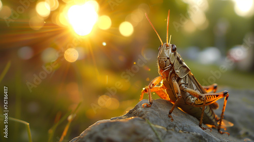 greenish yellow grasshopper leaper standing proudly on a pebble on the background of the sunset