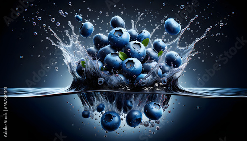 A bunch of ripe blueberries with water droplets captured mid-air as they fall into a deep black water tank. The blueberries vary in position and angle