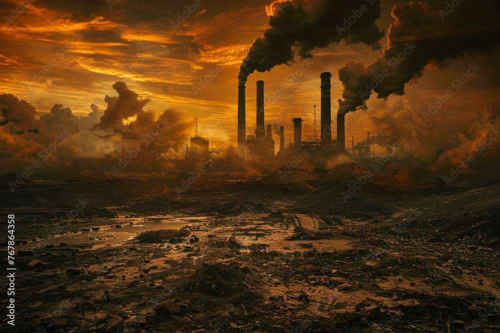 Apocalyptic vision of industrial might with multiple smokestacks against a fiery sunset - obrazy, fototapety, plakaty 