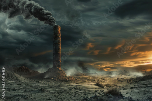 Eerie industrial scene with a lone smokestack against a dusk sky, highlighting the desolation photo