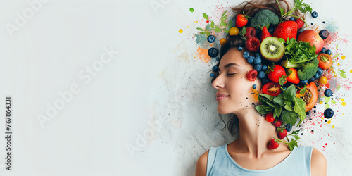 Portrait of woman with healthy food on her hair. Banner isolated on white background with copy space. Concept of relation between diet and mental health. photo