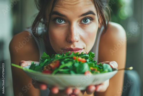 Woman holding plate with vegetable salad. Concept of healthy diet.