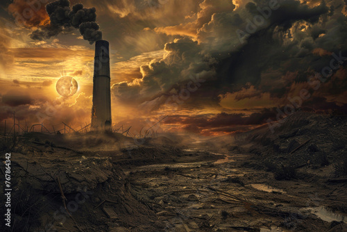 Stormy sky over a ravaged land with a dramatic smokestack silhouette