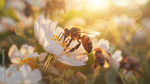 in the good morning sunlight, bees fly, collecting nectar and pollen from flowers while pollinating, the usefulness of insects and the process of making honey