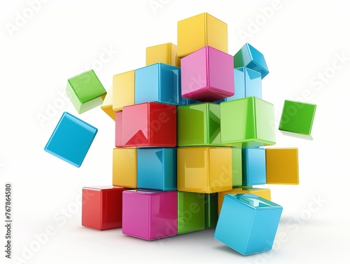 A creative stack of brightly colored cubes balanced in an abstract  playful arrangement.