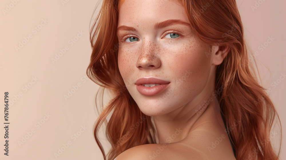 portrait of a beautiful young girl exuding charisma with natural freckles and vibrant red long hair  on beige background