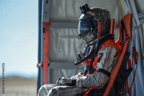A test pilot in a suit and helmet sitting in an ejection seat. Testing an ejection seat in a special hangar at the military aviation testing center.