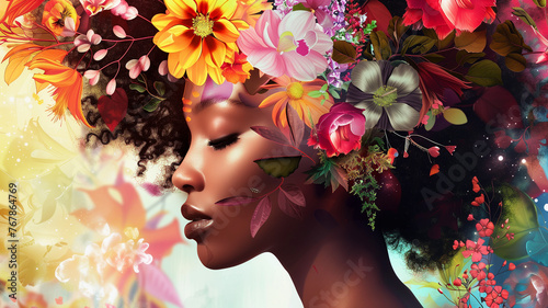 woman adorned with a vibrant flower crown, connection with nature, femininity, beauty, and grace.