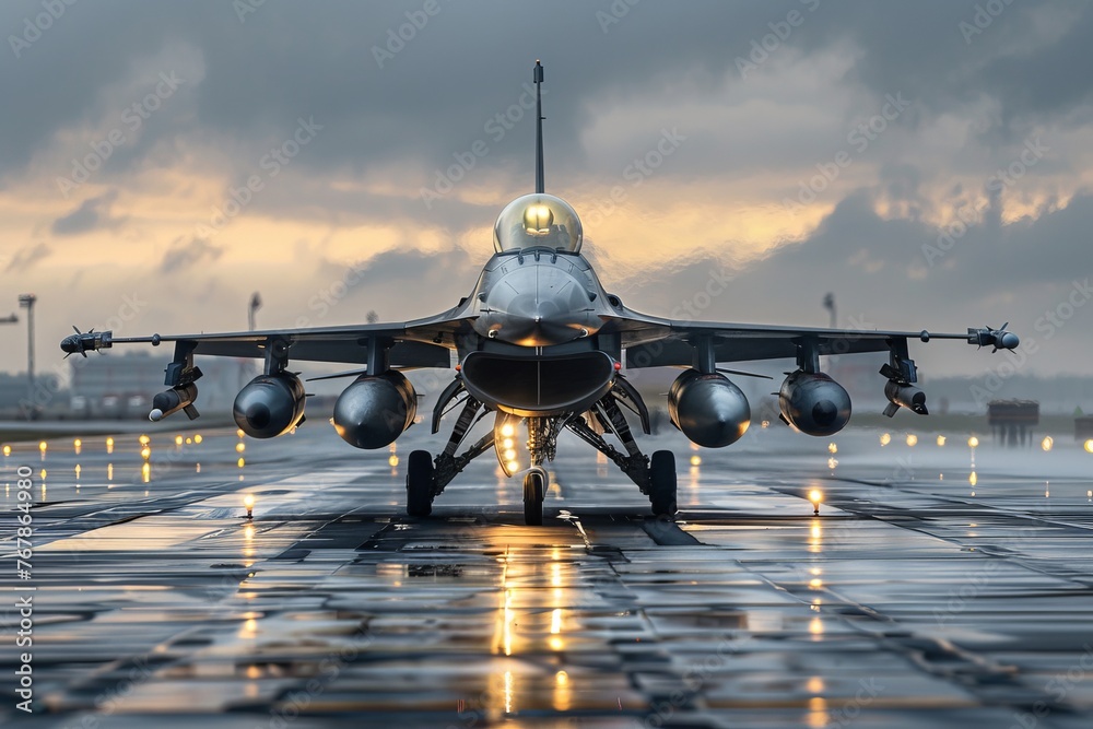 Front view of an F-16 fighter landing and taxiing on an airfield runway. Gloomy evening sky in the background. - obrazy, fototapety, plakaty 