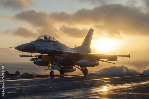 Front view of an F-16 fighter jet taking off from the runway on an aircraft carrier. Calm sea, cloudy evening sky and setting sun on the background. photo