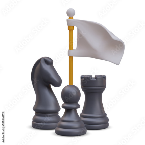 Group of black chess pieces, white flag. Concept of loss, surrender