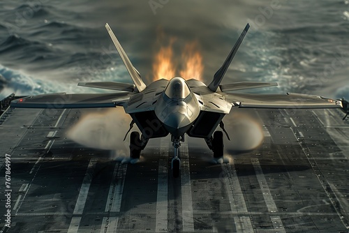 Front view of an F-22 Raptor fighter jet accelerating during takeoff on an aircraft carrier runway. The aircraft is sent on combat duty in offshore waters.