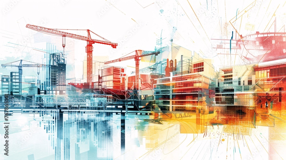 Digital building construction engineering meets double exposure graphic design. Showcase building engineers, architects, or construction workers utilizing modern civil equipment technology