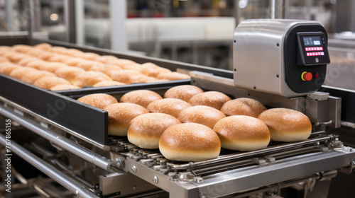 Automated bakery production bread loaves on conveyor belt in a modern manufacturing facility photo