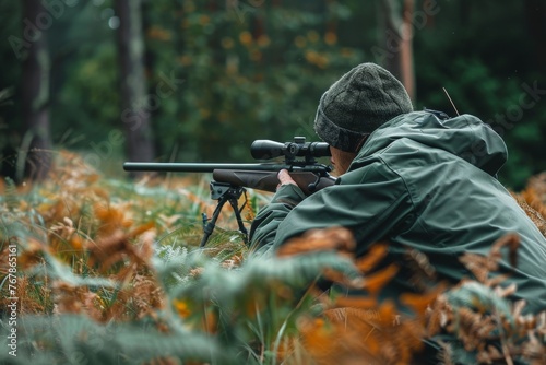 Rear view of a male hunter with a rifle in the woods. Focused young man shooter takes aim from a rifle with a telescopic sight. The hunter waits patiently for his prey in ambush.