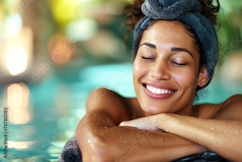 Close-up of young woman having hot stone massage at wellness spa. Beautiful lady with languid smile and closed eyes relaxing in bath with scented candles and orchids. Beauty and relaxation concept. photo