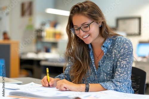 Young female business analyst reviewing business diagrams in a bright office. Confident woman analyzing company's financial balance sheet. Business performance and investment analysis, ROI.