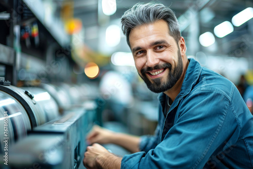 Portrait of a mature male worker at printing house. Confident smiling man operates the modern printing press.