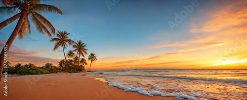 A sunset paints the sky in hues of orange pink over a tranquil beach with a palm tree swaying gently. Generative AI.