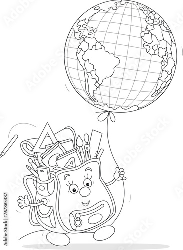 Funny cartoony Schoolbag completed with textbooks, exercise-books, rules, pencils and pens walking with an air balloon globe, black and white outline vector illustration for a coloring book