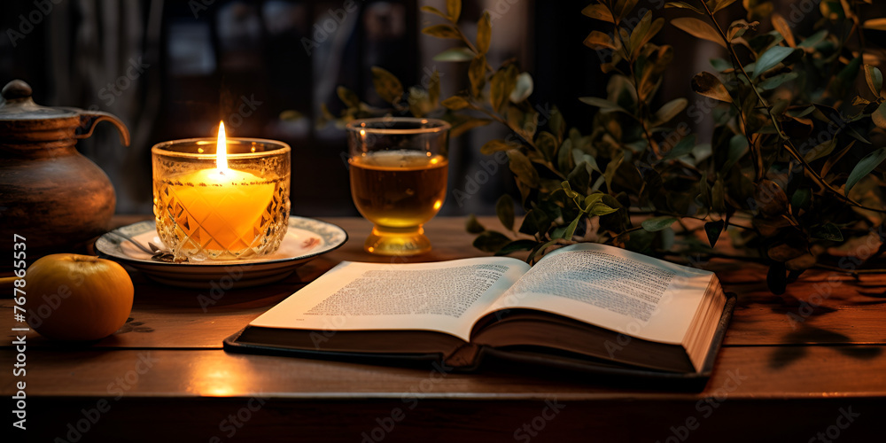 A cup of tea sits on a book next to a candle, Lit candle and flowers on a book, A candle and a book on a table, A tranquil start to the day Bible open in a cozy interior Generative ai