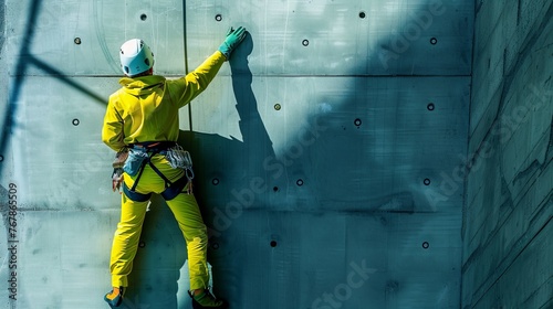 Male industrial mountaineer worker in bright uniform climbing up a steep wall. Industrial climber works at an industrial facility using safety gear. Industrial alpinism concept.
