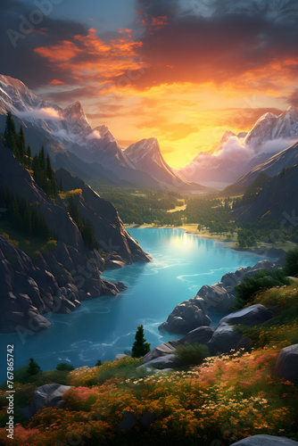 Breathtaking Sunrise Over the Green Mountains in a Dreamy CG Landscape © Ethel