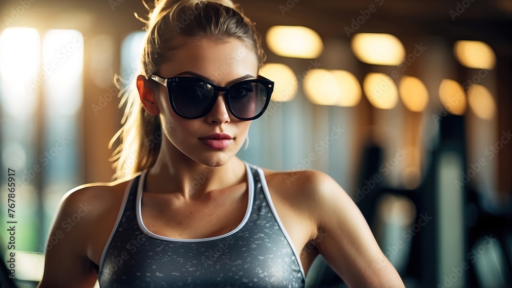 Beautiful woman posing in gym wearing sport costume Beautiful woman posing in gym wearing sport costume