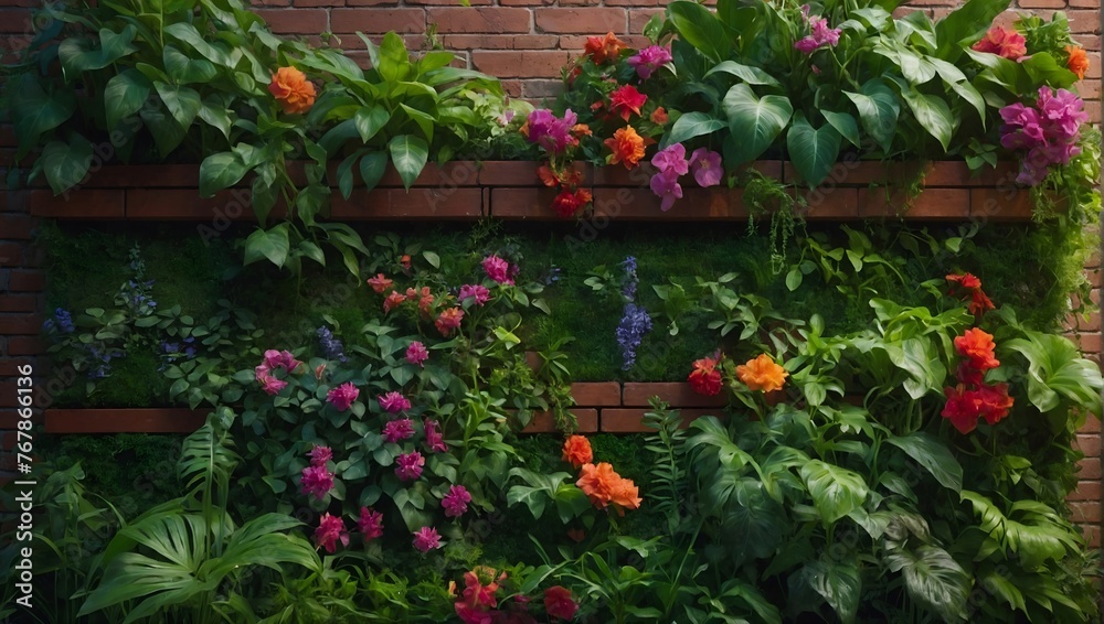 Naklejka premium A lush vertical garden climbs a brick wall
