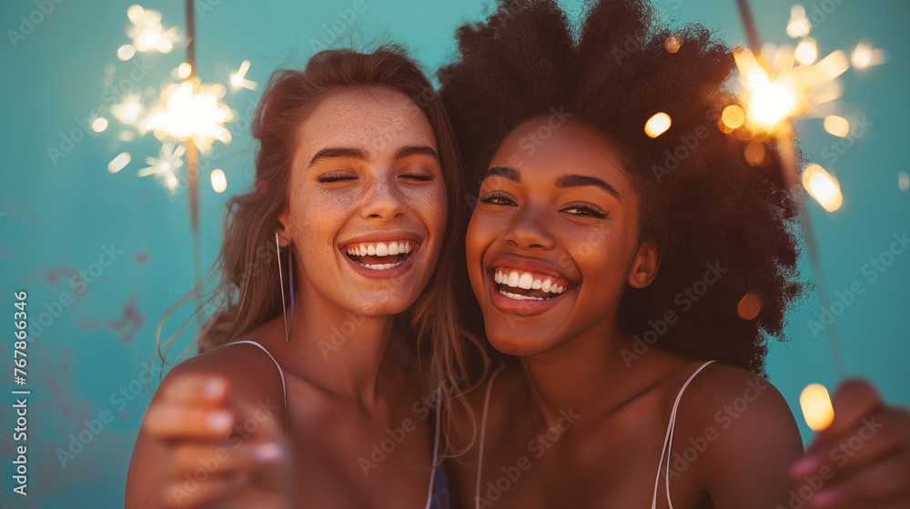 Two beautiful friends celebrating holding sparklers on Coral color background professional photography Two beautiful friends celebrating holding sparklers on Coral color background professional photography
