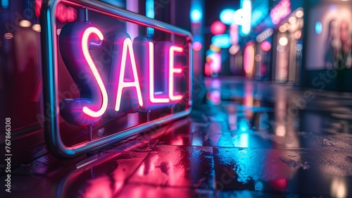 Sale neon sign in the night city