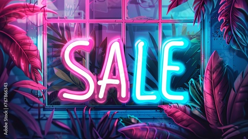 Sale neon sign in the night city