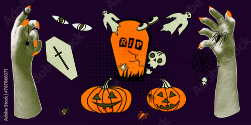 Collage elements hand palm, pumpkin, eyes, ghosts, graves, coffins. Halloween halftone zombie hands. Decoration banner for 31 Oktober events. Trendy poster in paper cut style. Vector illustration.