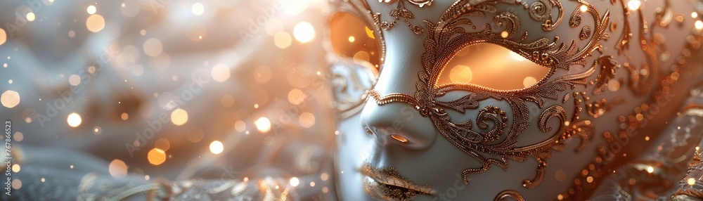 Delicate filigree Venetian mask elegance highlighted by a muted bokeh backdrop