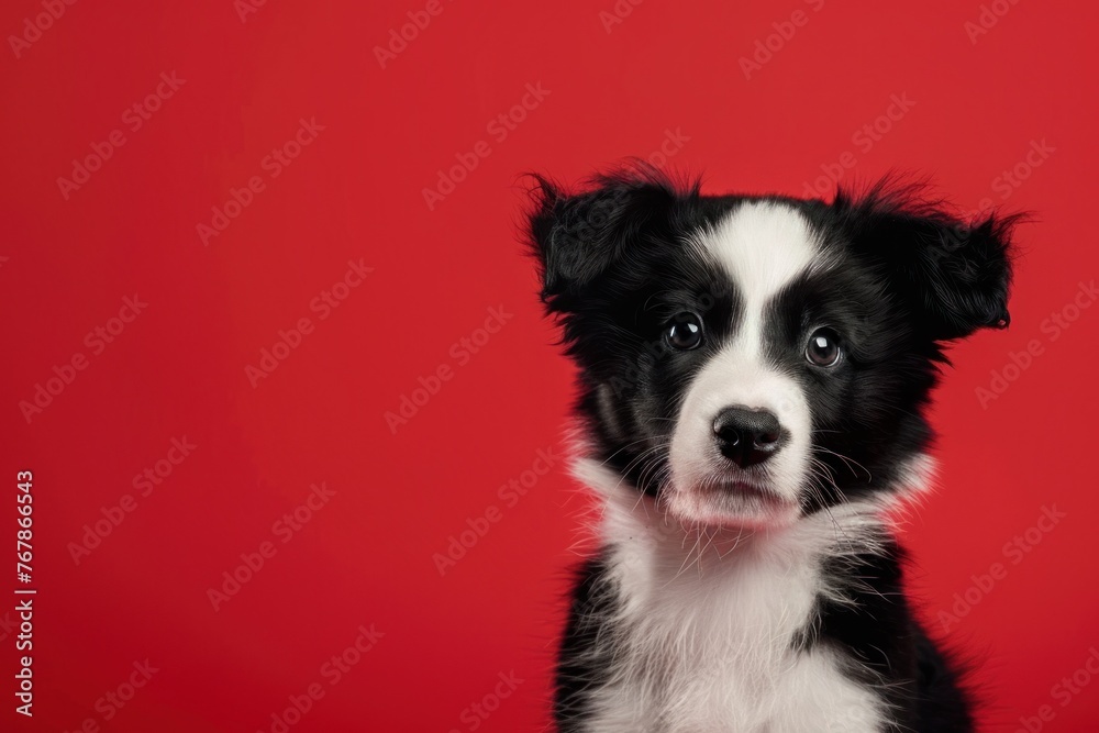 Inquisitive Border Collie Puppy on Vivid Red, Radiating Cuteness - Generative AI