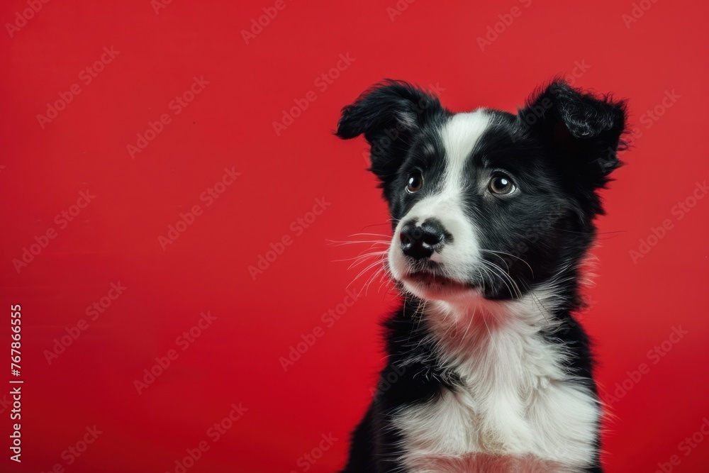 Inquisitive Border Collie Puppy on Vivid Red, Radiating Cuteness - Generative AI Inquisitive Border Collie Puppy on Vivid Red, Radiating Cuteness - Generative AI