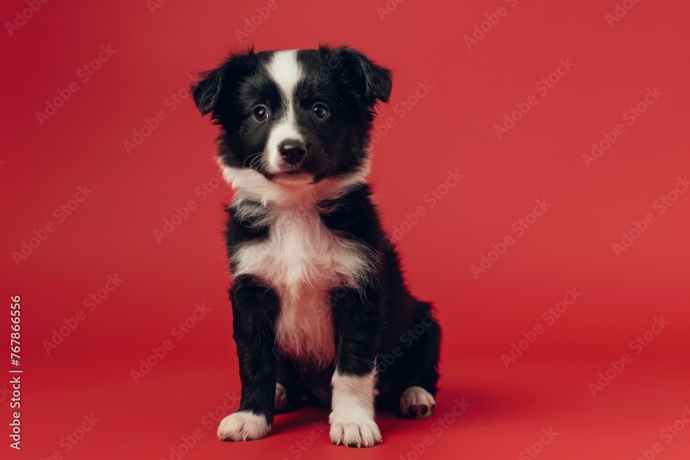 Inquisitive Border Collie Puppy on Vivid Red, Radiating Cuteness - Generative AI
