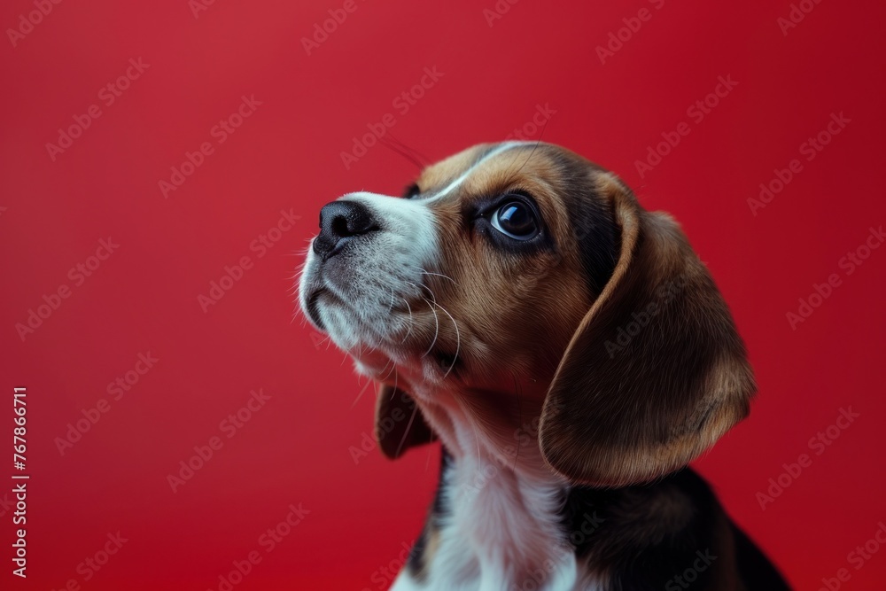 Adorable Beagle Puppy with Expressive Eyes on a Vivid Red Backdrop - Generative AI