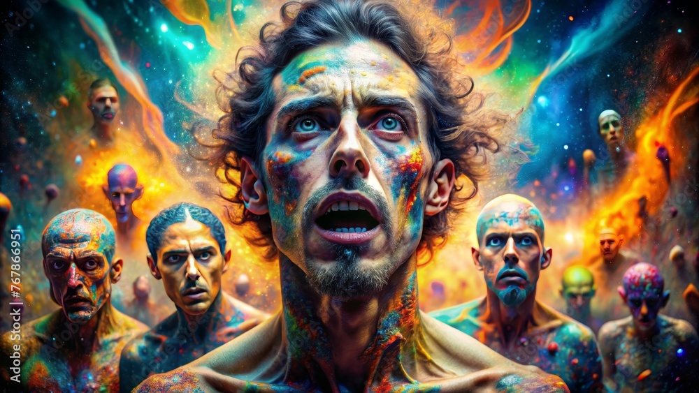 Vivid surreal artwork with multiple cosmic painted faces expressing intense emotions, set in a fiery galaxy backdrop