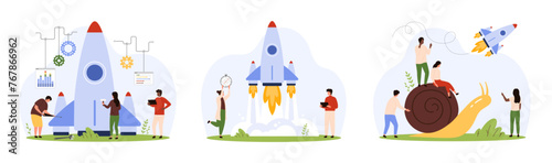 Team preparation and project start, boost of idea and product set. Tiny people launch fast rocket of startup into sky, business competition of flying spaceship and snail cartoon vector illustration © Iconic Prototype