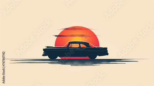 the silhouette of a retro car on the background of a burning big sun setting over the horizon on a beige background, an association with travel and adventure and time that has already passed photo