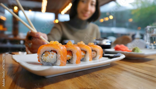 Fototapeta Naklejka Na Ścianę i Meble -  Woman Eating Sushi Meal with Chopsticks in Hand.Japanese Restaurant Experience. 