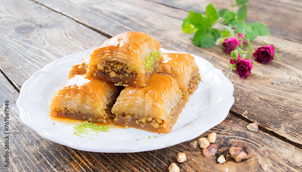 Delicious Pistachio Baklava on a White Plate, Tempting Treats and Culinary Delights Delicious Pistachio Baklava on a White Plate, Tempting Treats and Culinary Delights